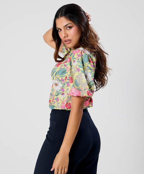 Round Neck Sleeve Detailed Printed Top