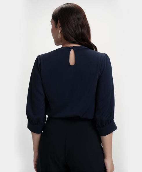 Neck Pleated Half Sleeve Chiffon Blue Top