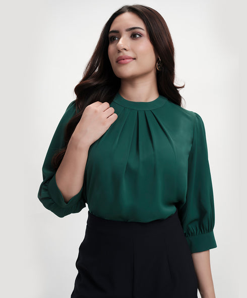 Neck Pleated Half Sleeve Chiffon Green Top