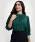 Neck Pleated Half Sleeve Chiffon Green Top