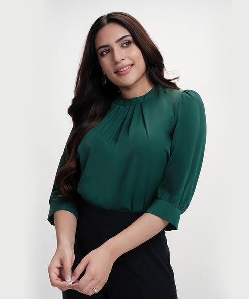Neck Pleated Half Sleeve Chiffon Green Top