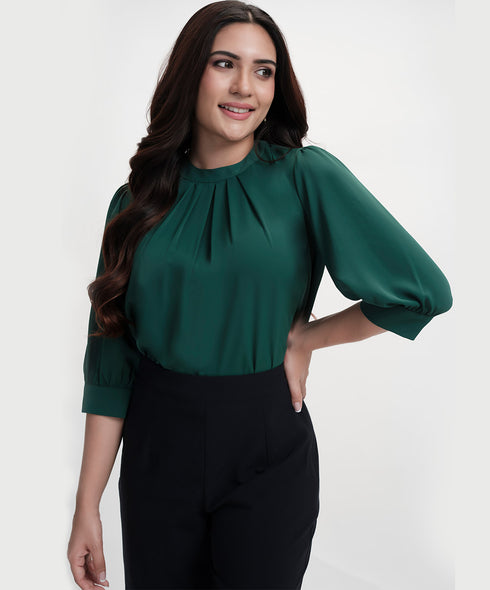Neck Pleated Half Sleeve Chiffon Green Top