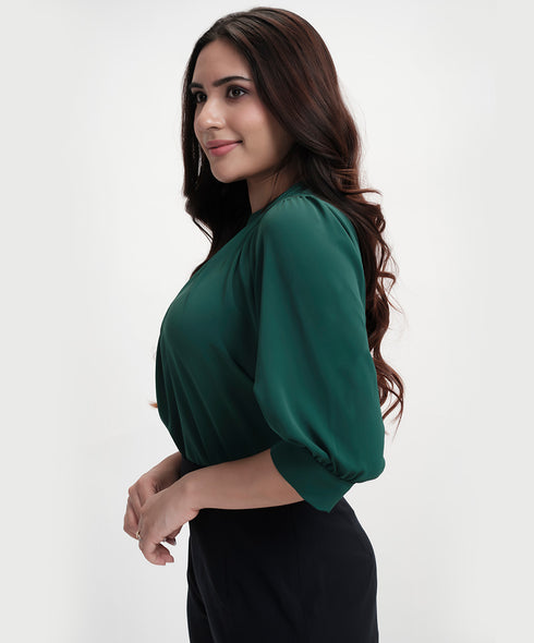 Neck Pleated Half Sleeve Chiffon Green Top