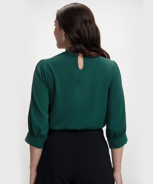 Neck Pleated Half Sleeve Chiffon Green Top