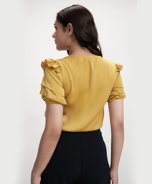 Vneck Sleeve Detailed Satin Top