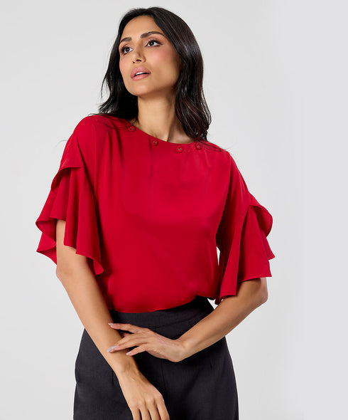 Flared Sleeve Chiffon Top-Red