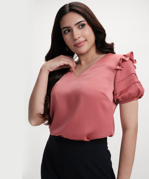 Vneck Sleeve Detailed Satin Pink Top