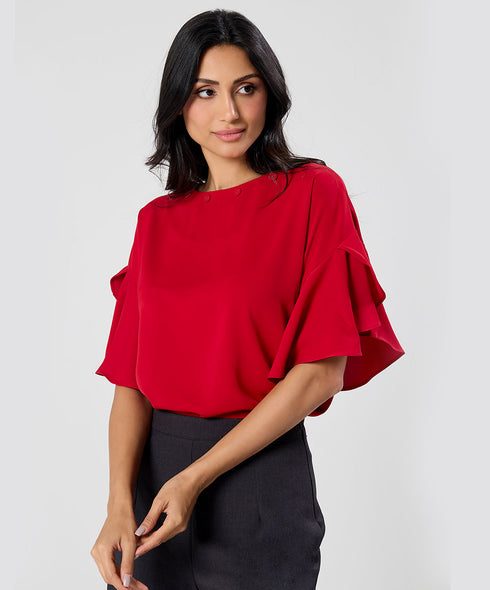 Flared Sleeve Chiffon Top-Red