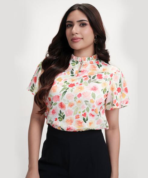 Sleeve Flared Printed Satin Top