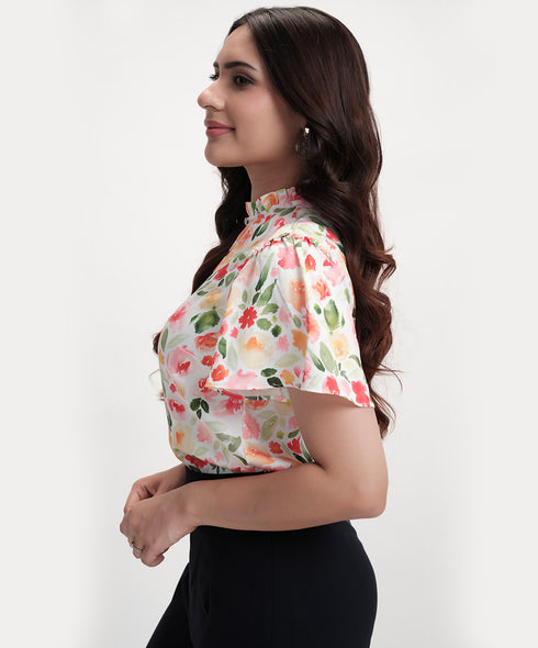 Sleeve Flared Printed Satin Top