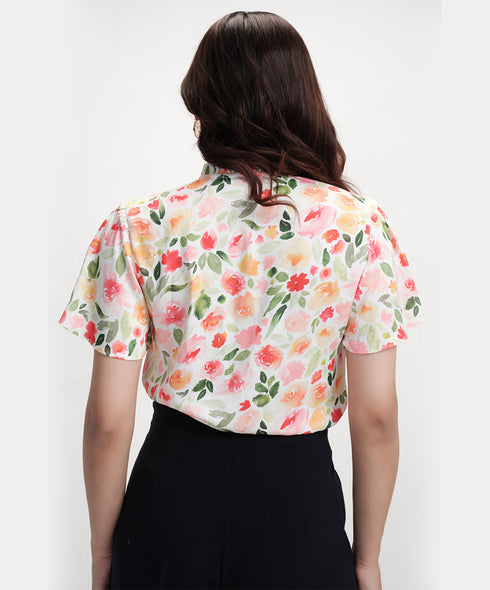 Sleeve Flared Printed Satin Top