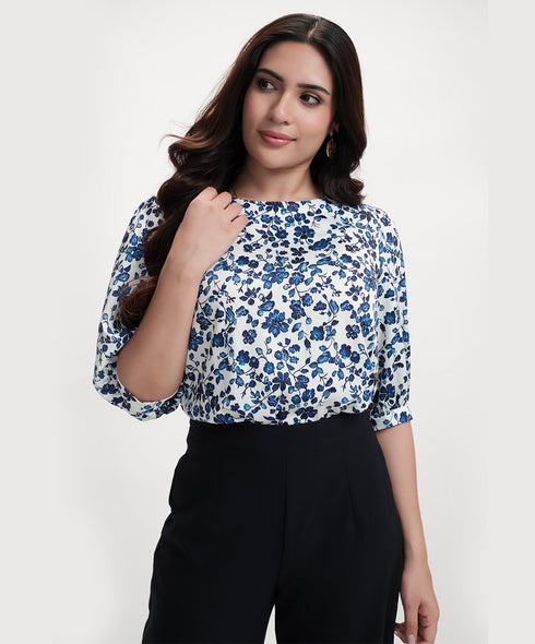 Half Sleeve Printed Chiffon Print Blue Top