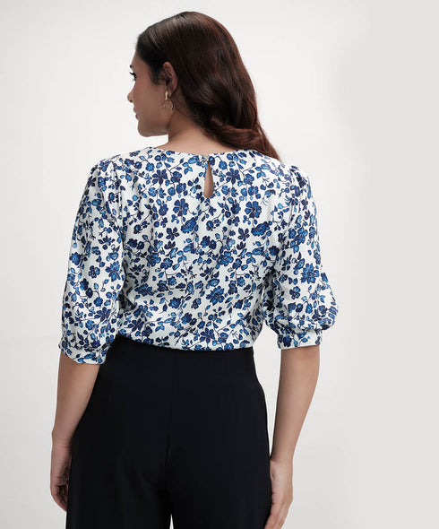 Half Sleeve Printed Chiffon Print Blue Top