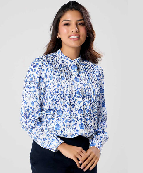 Pintuck Detailed Long Sleeve Printed Top