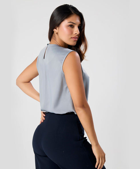 Round Neck Extended Sleeve Satin Top-Grey