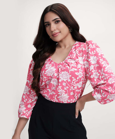 Vneck Printed Long Sleeve Pink Top