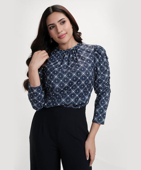 Long Sleeve  Detailed Printed Chiffon Blue Top