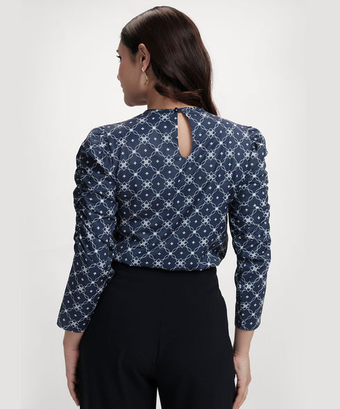 Long Sleeve  Detailed Printed Chiffon Blue Top