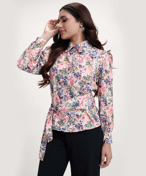 Long Sleeve Waist Tie Printed Pink Top