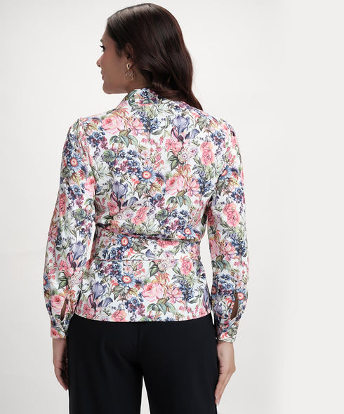 Long Sleeve Waist Tie Printed Top