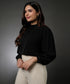 Long Sleeve Neck Pleated Chiffon Top-Black