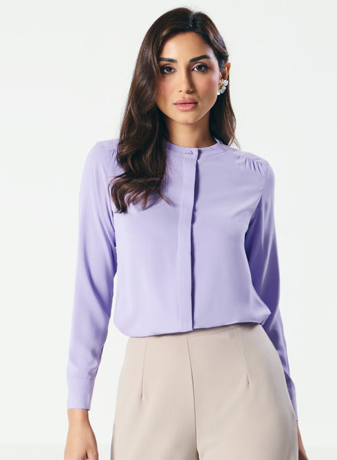Straight Cut Mandarin Collar Long Sleeve Top