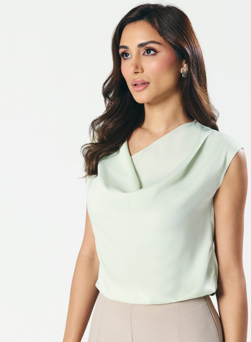 Cowl Neck Satin Pastal Green Top