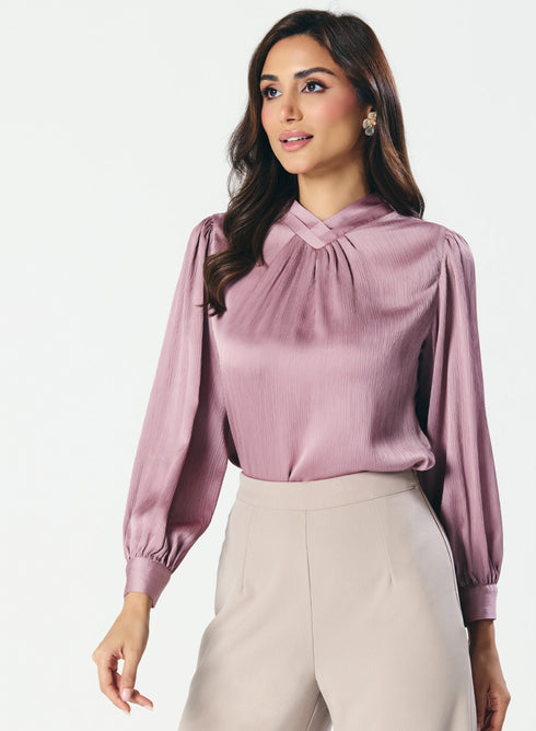 High VNeck Pleated Lavender Top