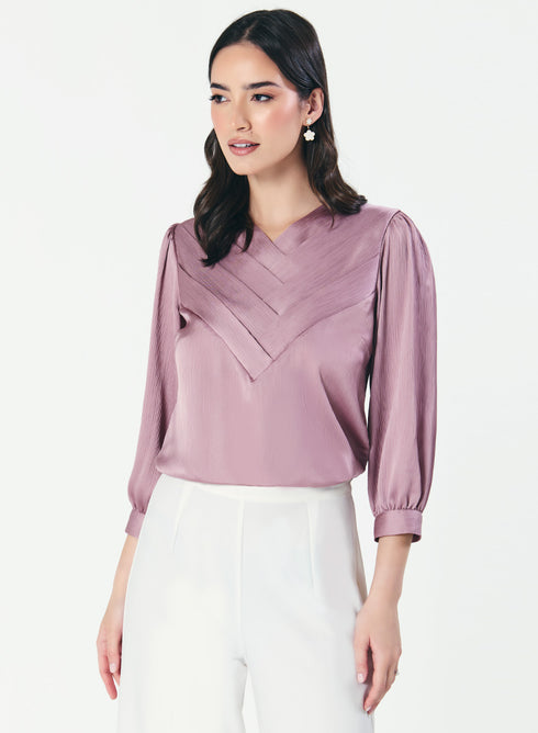 Slanted Pleated Crepe Satin Plum-Purple Top