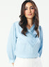 Slanted Pleated Crepe Satin Pastel-Blue Top
