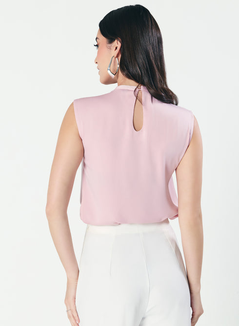 Sleeveless Cowl High Neck Satin Baby-Pink Top