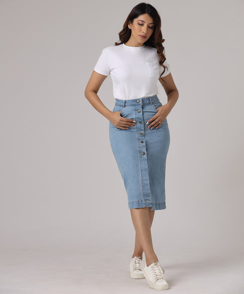 Midi Length Front Buttoned Denim Skirt