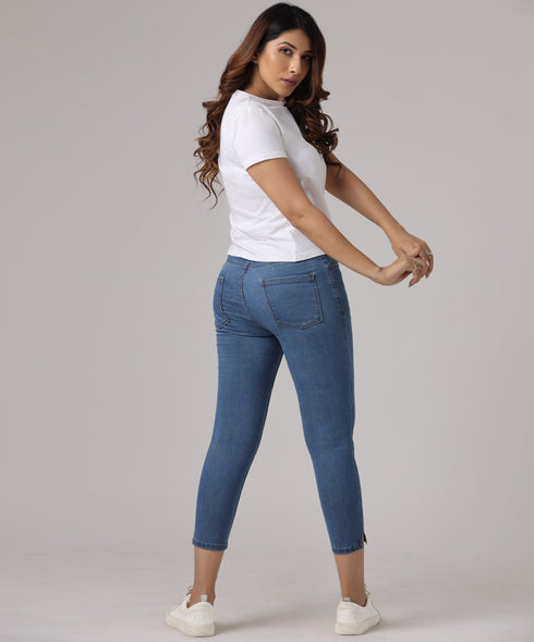 Mid Waist Calf Length Slit Jean