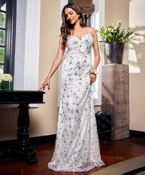 Deep Vneck Strappy Embellished White Maxi Dress