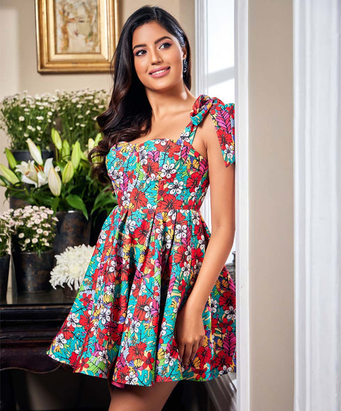 Bow Tie Attached Sleeve Bustier Dress