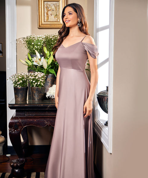 Chiffon Cold Shoulder Brown Maxi Dress
