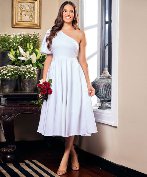 One Shoulder Puff Sleeve White Dress