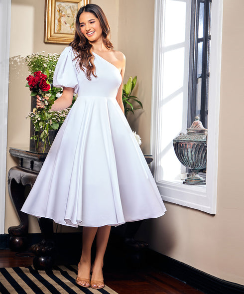 One Shoulder Puff Sleeve White Dress