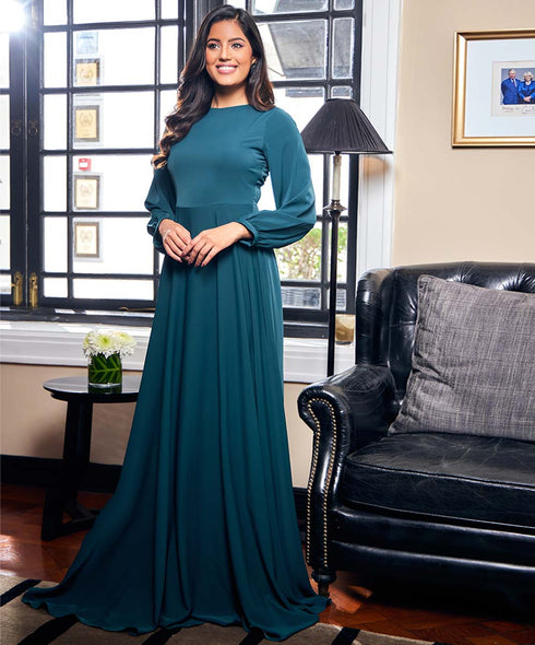 Long Sleeve Green Colour Chiffon Maxi