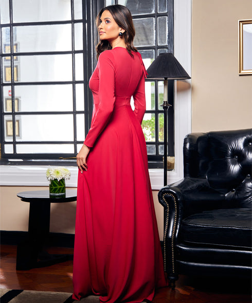 Side Bow Long Sleeve Maxi Maroon Dress