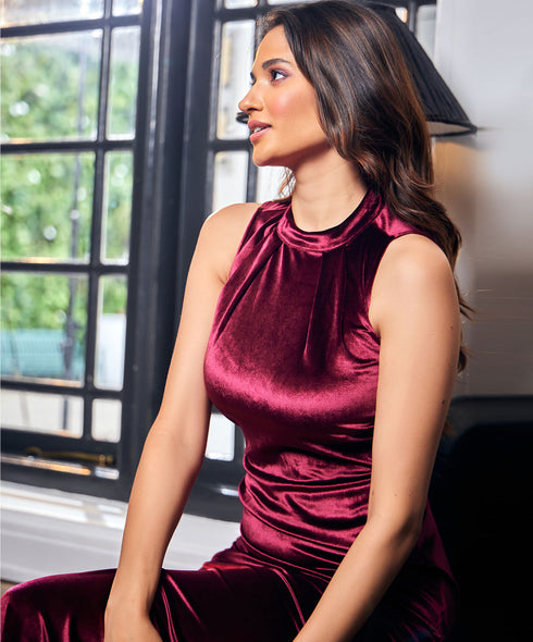 High Neck Sleeveless Maroon Velvet Maxi Dress