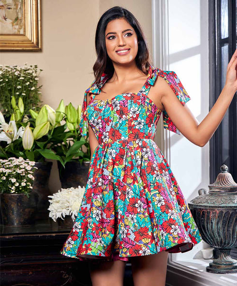 Bow Tie Attached Sleeve Bustier Dress