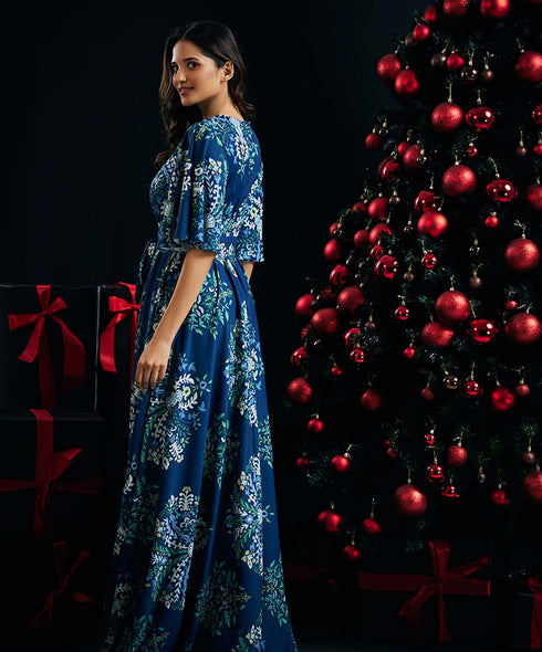 Navy Blue Printed Maxi Dress