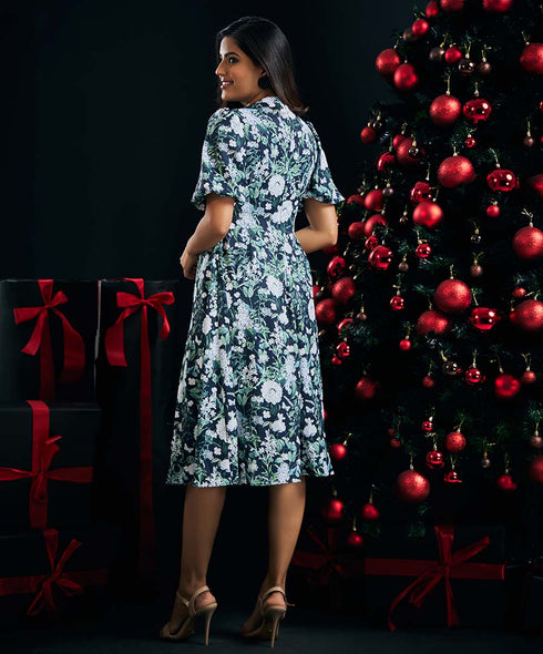 Puffed Sleeve Printed Chiffon Dress