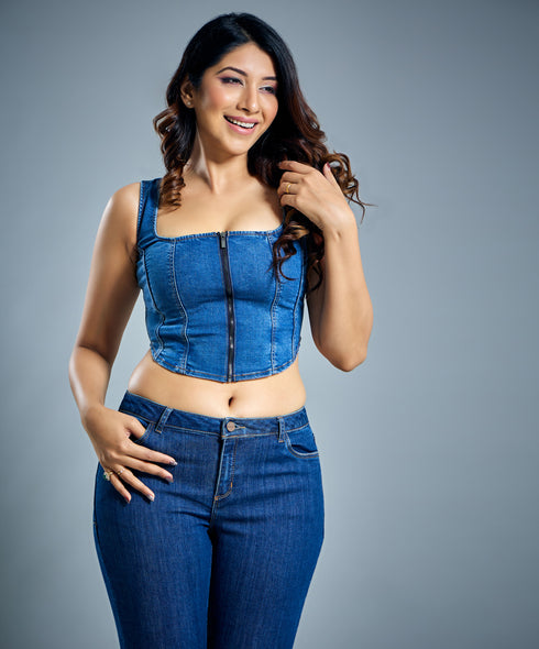 Front Open Denim Bustier Top