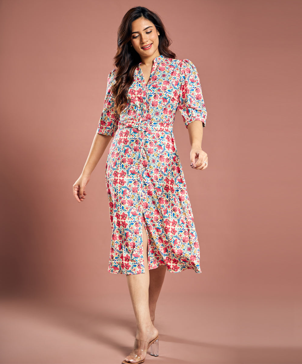 Printed Half Sleeve Aline Chiffon Dress Zigzag