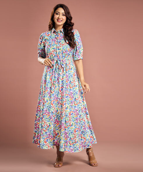Floral Printed Short Sleeve Detailed Dress