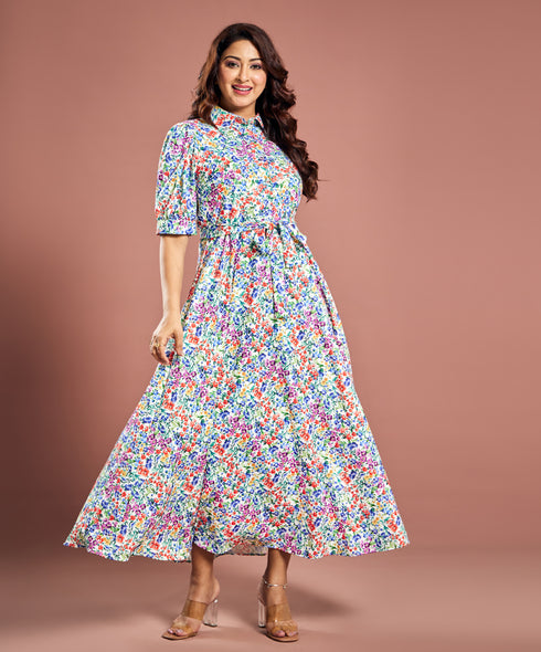 Floral Printed Short Sleeve Detailed Dress