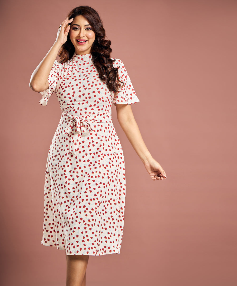 Women's Grey Floral Printed Flutter Sleeve Tiered Fit & Flare Dress
