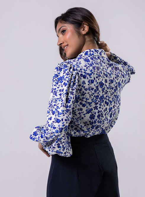 Long Sleeve Elasicated Printed Chiffon Shirt Blue Top